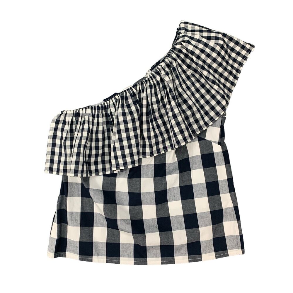 J Crew Top Womens 2 Navy Gingham Plaid Cotton Stretch Poplin Ruffle One Shoulder